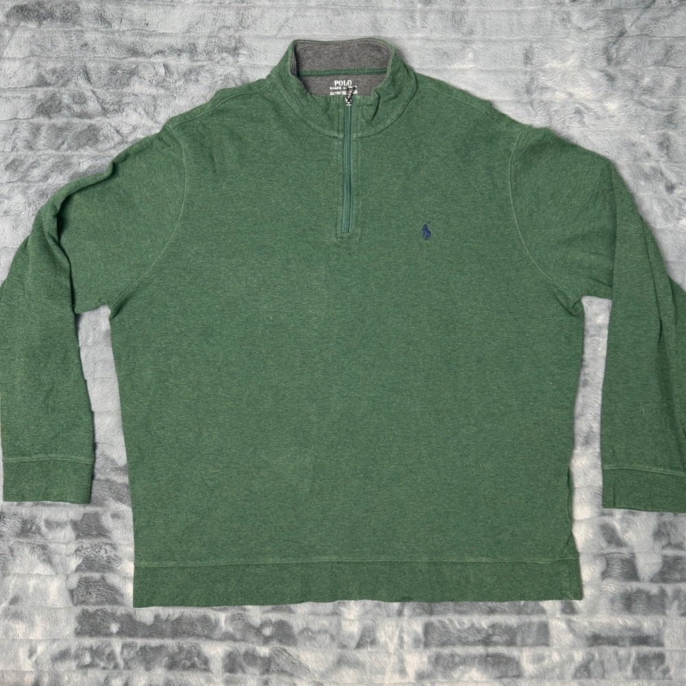 Polo Ralph Lauren Mens XXL Green Quarter Zip Pullover Sweater Heathered Cotton